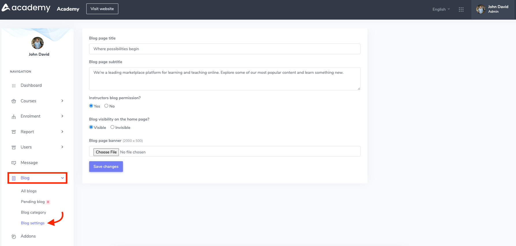 Academy Blog Settings Academy Blog Settings