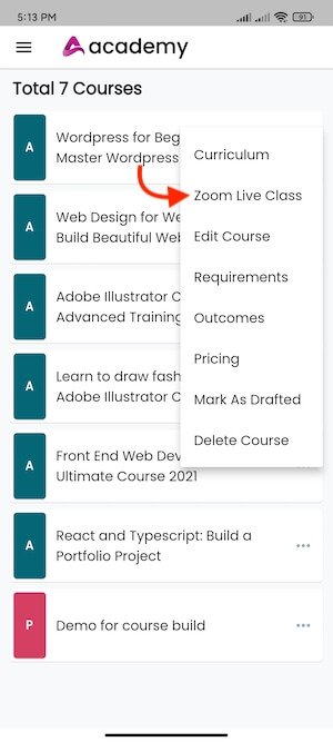 Navigating Zoom Live Class Academy Instructors Mobile App 2 Navigating Zoom Live Class Academy Instructors Mobile App 2