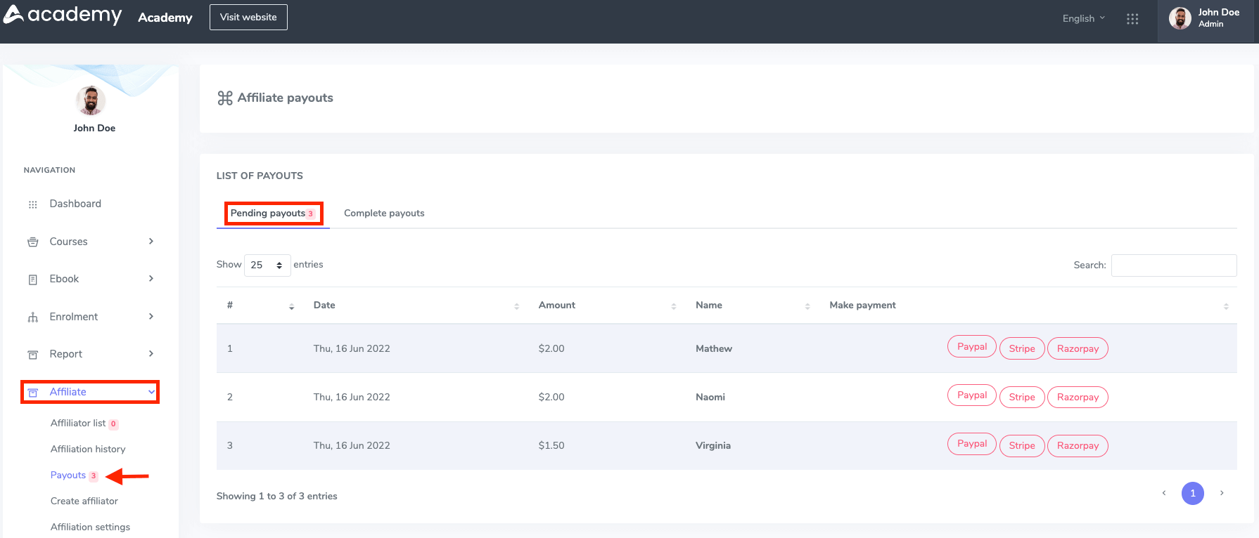 Academy Pending Affiliate Payout Academy Pending Affiliate Payout