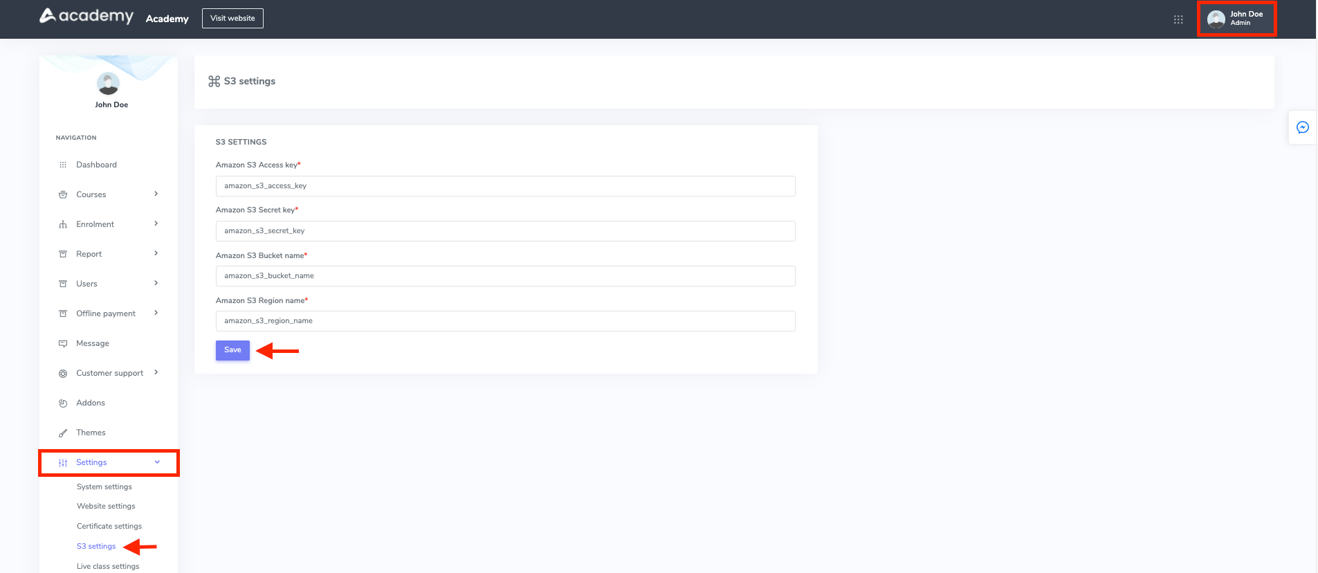 Configuring S3 Settings Configuring S3 Settings